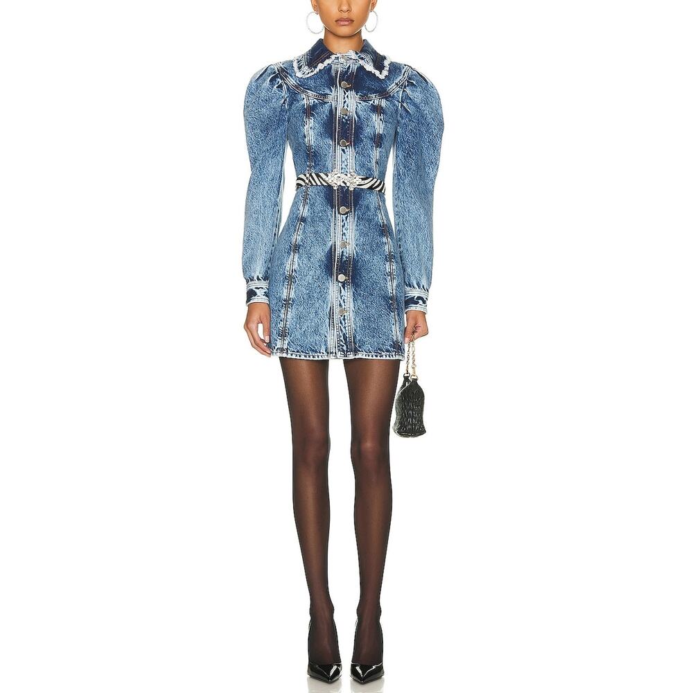 Alessandra Rich Distressed Blue Frayed Collar Mini Dress Size 36 IT / US 0 NWT